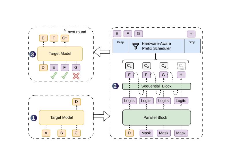 A heavy parallel backbone drafts the block in one pass; a lightweight sequential head makes each token aware of the last, and a hardware-aware scheduler keeps the confident tokens and drops the low-confidence tail.